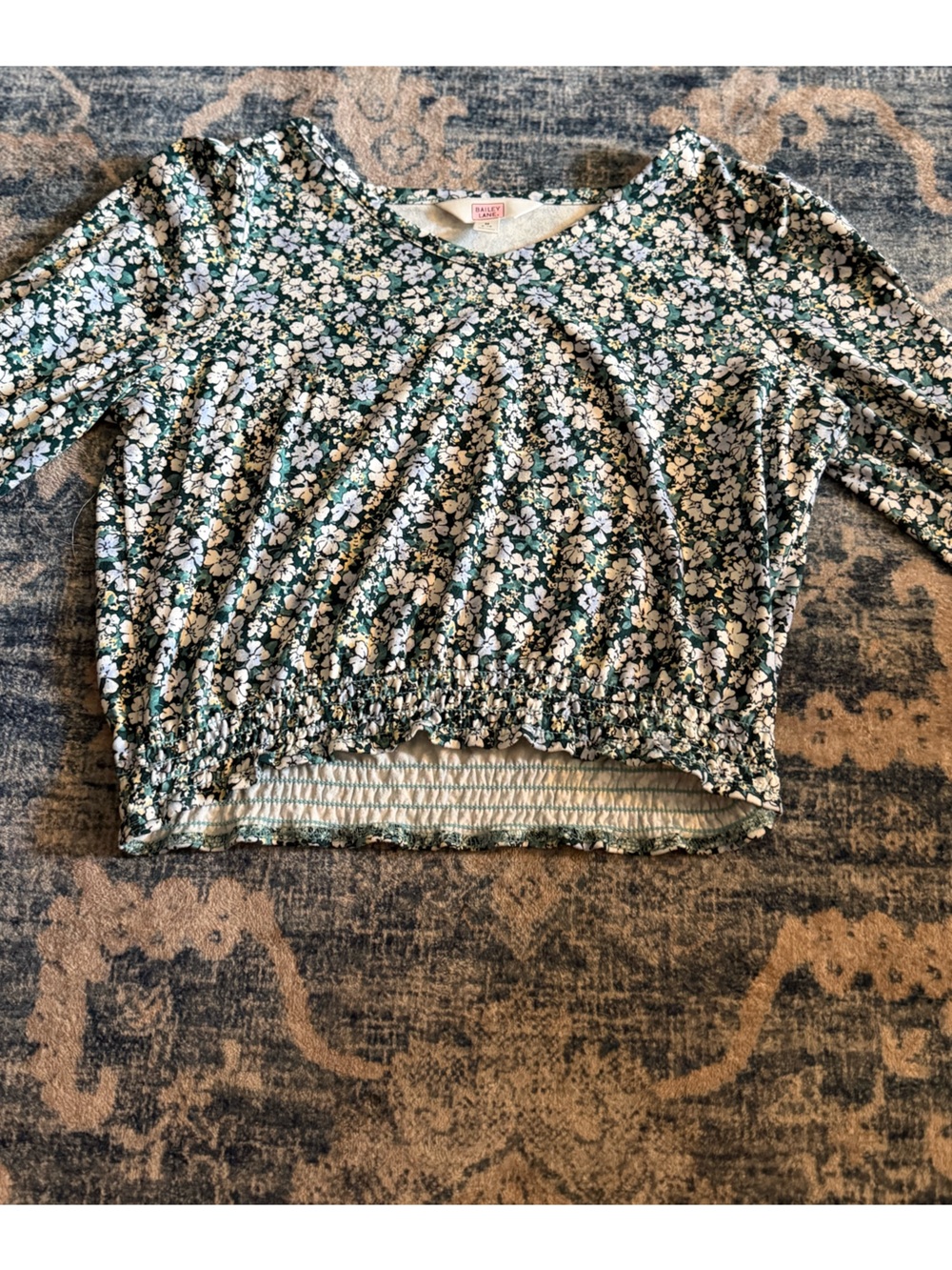 Girls' Floral Smocked-Hem Top - Green & White